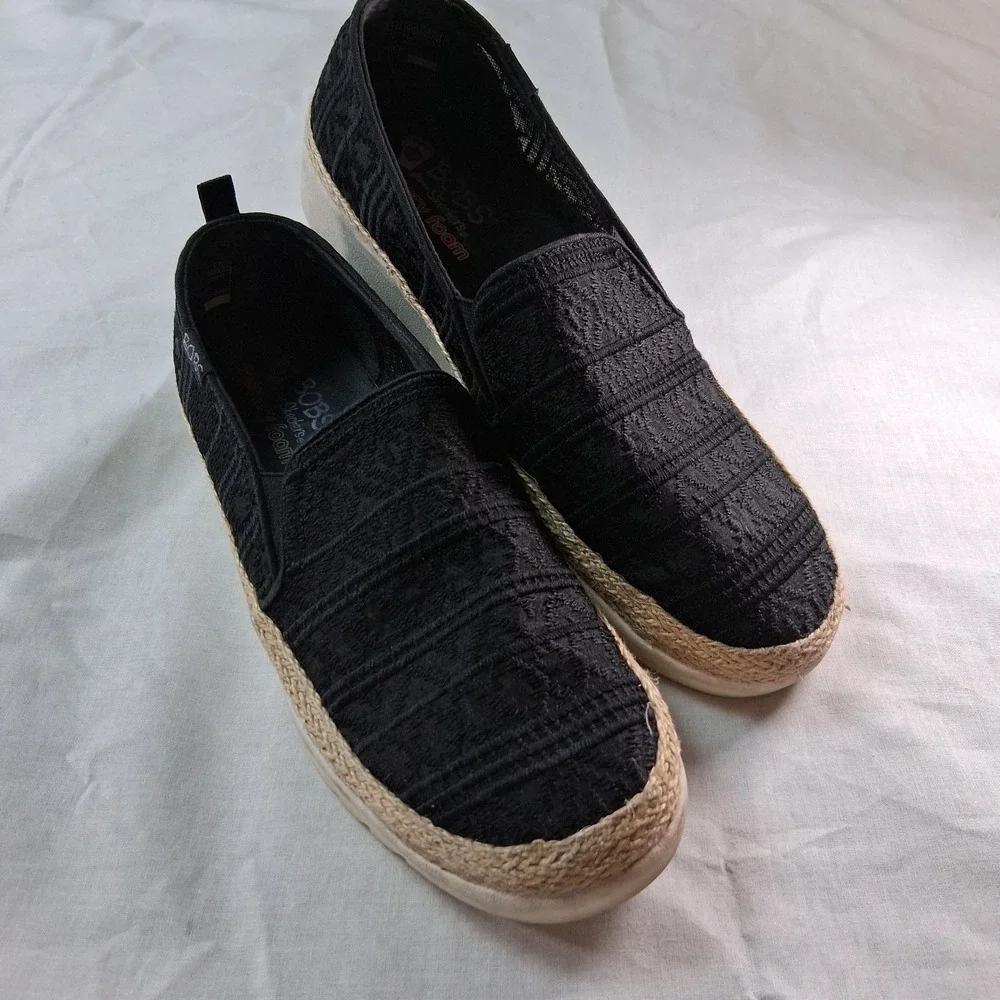 Skechers BOBS Flexpadrille Women 9 Black Good Espadrille Slip On Canvas Flats